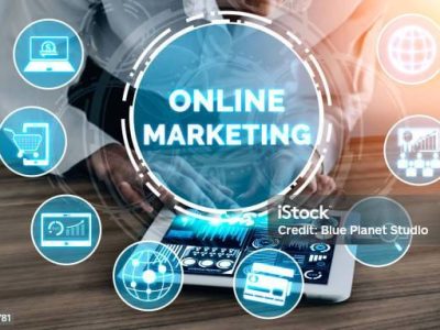 Digital Marketing Technology Solution for Online Business Concept - Graphic interface showing analytic diagram of online market promotion strategy on digital advertising platform via social media.